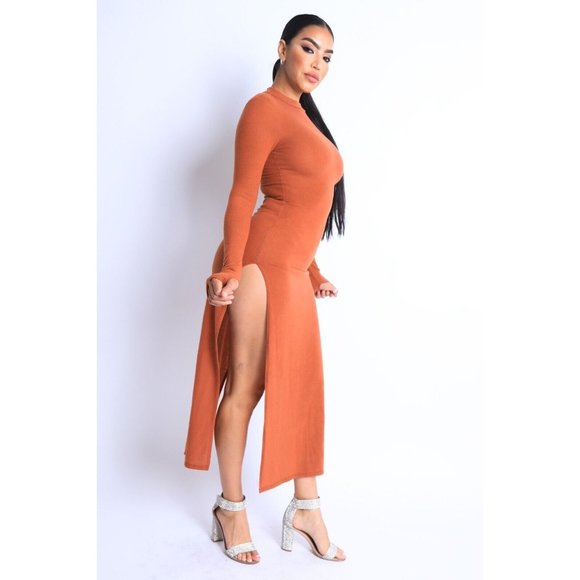 Women's Hacci Mock Neck Long Sleeves Double Slits Maxi Dress Rust S M L - Picture 2 of 7